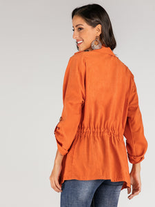 Neon Orange Waterfall Collar Double Button Belted Coat