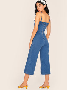 Ruffle Trim Sleeveless Wide Leg Denim Jumpsuit