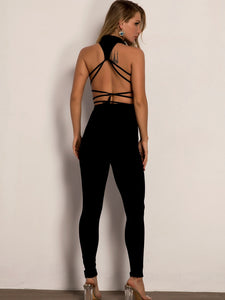 Joyfunear Lace Up Backless Skinny Halter Jumpsuit