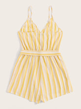 Load image into Gallery viewer, Surplice Neck Striped Belted Cami Romper