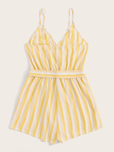 Surplice Neck Striped Belted Cami Romper