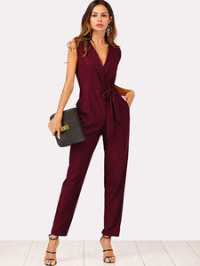 Zip Back Shawl Collar Knot Jumpsuit