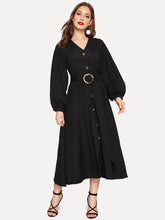 Load image into Gallery viewer, Bishop Sleeve Button Up Self Belted Dress