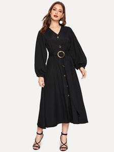 Bishop Sleeve Button Up Self Belted Dress