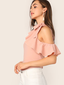 Tie Neck Cold Shoulder Ruffle Trim Top