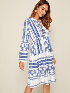 Aztec Print Notch Neck A-line Dress