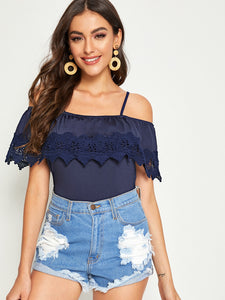 Cold Shoulder Guipure Lace Trim Top