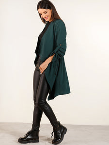 Open Front Roll Tab Sleeve Dip Hem Coat