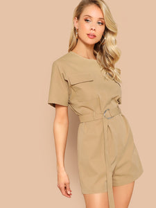 Flap Pocket Zip Back Belted Romper