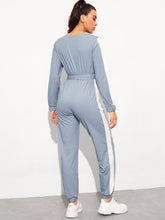 Load image into Gallery viewer, Surplice Neck Self Belted Colorblock Jumpsuit