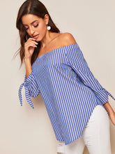 Load image into Gallery viewer, Off Shoulder Knotted Striped Top