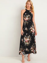 Load image into Gallery viewer, Floral Print Tie Back Belted Maxi Dress