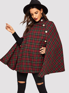 Button Front Plaid Print Cape Coat