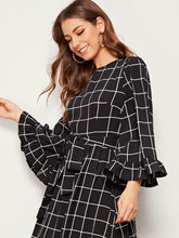 Load image into Gallery viewer, Bell Sleeve Flounce Hem Grid Dress With Belt