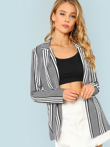 Striped Open Front Blazer BLACK WHITE