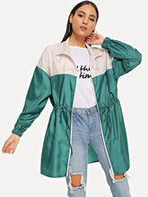 Load image into Gallery viewer, Zip Up Drawstring Color Block Rain Coat