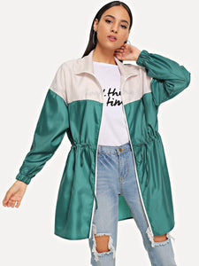 Zip Up Drawstring Color Block Rain Coat