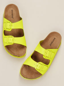 Neon Double Buckled Cork Sole Slide Sandals