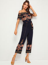 Load image into Gallery viewer, Floral Print Tassel Trim Belted Bardot Jumpsuit