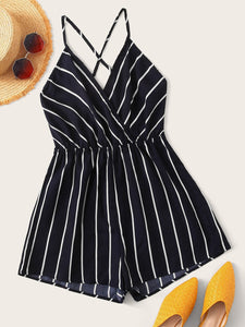 Striped Criss-cross Backless Surplice Neck Romper