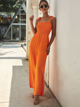 Load image into Gallery viewer, Neon Orange Shirred Knot Wide Leg Jumpsuit