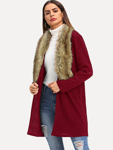 Open Front Faux Fur Neckline Coat