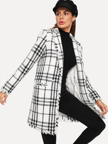 Notch Collar Frayed Edge Plaid Longline Tweed Coat