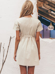 Simplee Button Front Tie Waist Tea Dress