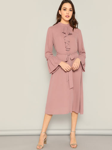 Bell Sleeve Belted Jabot Midi Dress