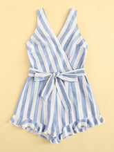 Load image into Gallery viewer, Surplice Neck Ruffle Hem Belted Striped Romper