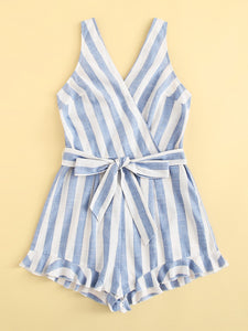 Surplice Neck Ruffle Hem Belted Striped Romper