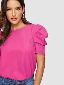 Button Keyhole Back Puff Sleeve Top