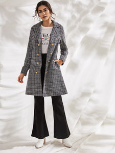 Lapel Neck Double Breasted Plaid Tweed Coat