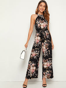 Botanical Print Wide Leg Halter Jumpsuit