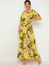 Load image into Gallery viewer, Botanical Print Ruffle Cuff Tie Side Wrap Dress