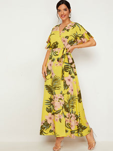 Botanical Print Ruffle Cuff Tie Side Wrap Dress