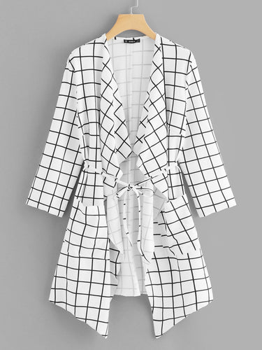 Waterfall Collar Grid Print Coat