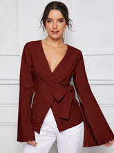 Load image into Gallery viewer, Bell Split Sleeve Surplice Neck Knot Blazer