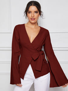 Bell Split Sleeve Surplice Neck Knot Blazer