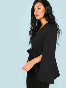 Surplice Neck Tie Waist Cape Coat