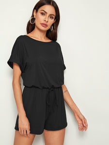 Drawstring Waist Rolled Sleeve Romper