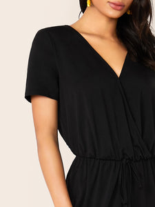 Solid Drawstring Waist Surplice Neck Jumpsuit