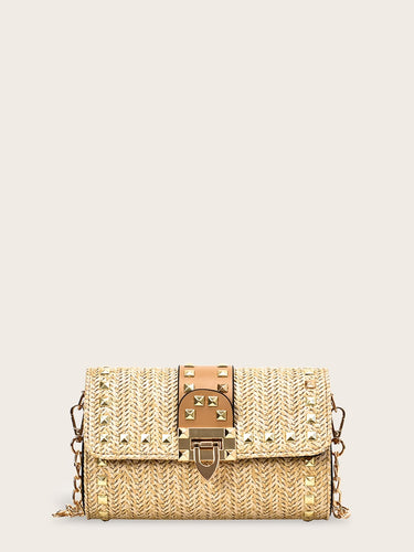 Studded Decor Woven Flap Chain Bag