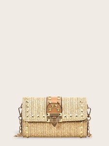 Studded Decor Woven Flap Chain Bag