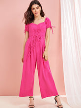 Load image into Gallery viewer, Neon Pink Lace Up Sweetheart Neck Wide Leg Jumpsuit