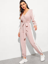 Load image into Gallery viewer, Surplice Neck Self Belted Colorblock Jumpsuit