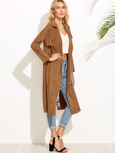 Brown Suede Self Tie Duster Coat