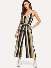 Load image into Gallery viewer, V Neckline Tie Side Striped Jumpsuit