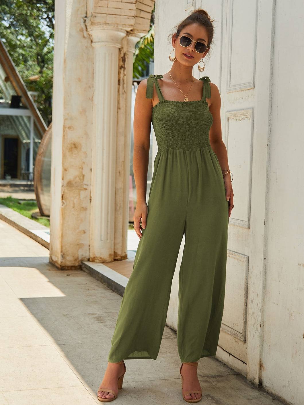 Neon Orange Shirred Knot Wide Leg Jumpsuit