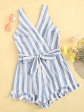 Load image into Gallery viewer, Surplice Neck Ruffle Hem Belted Striped Romper